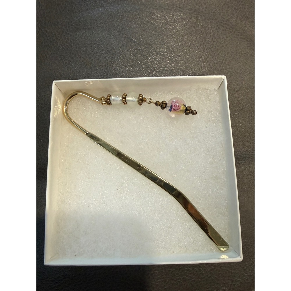 Hallmark Gold Crown Beaded Bookmark Gold Tone Pink Rose Glass Orb Floral Hook